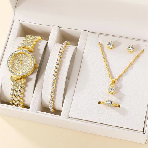 Reloj de cuarzo de lujo con estrás y juego de joyas de 5 piezas, regalo para mujer - Imagen 13 de 45