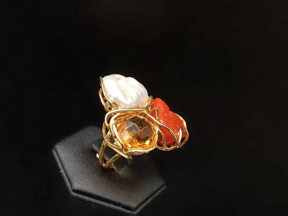 anello donna vero corallo rosso perla akoya bianca quarzo argento 925 regolabile - Immagine 2 di 4