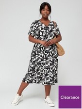 V By Very Curve Plus Button Short Sleeve Floral MIDI Dress White Black Size 16