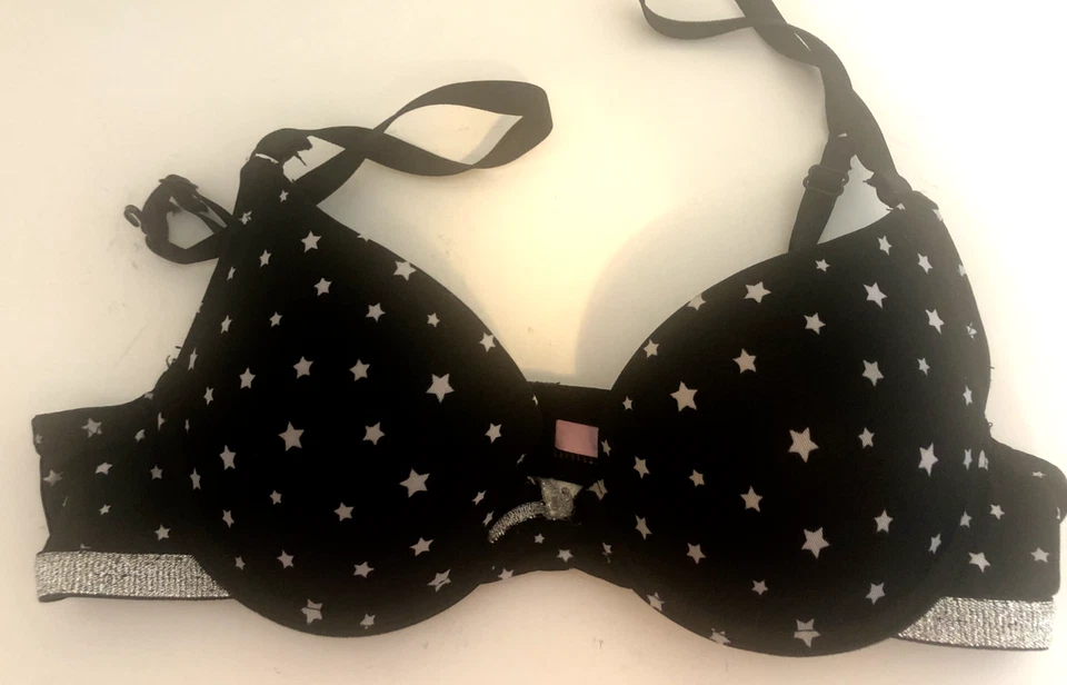 Sujetador TRUE RUE 21 Talla 32A XS Negro Metálico Plata Estrellas Con Aros PUSH UP Acolchado S Foto 3 de 4