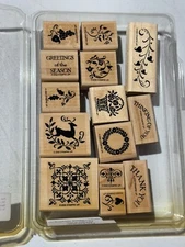STAMPIN' UP! ETRUSCAN WOOD MOUNT STAMPS SET OF 14 SEASONAL HOLIDAY CHRISTMAS
