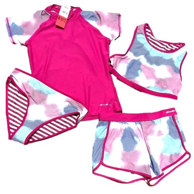Eddie Bauer Girls Swim Rashguard Bikini Pink Shorts 4 Piece Set Medium NEW