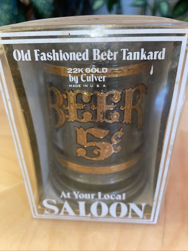 Vintage 22k Gold Culver Glass Beer Mug Stein Tankard “Beer 5 Cents” NEW MINT - Picture 2 of 6