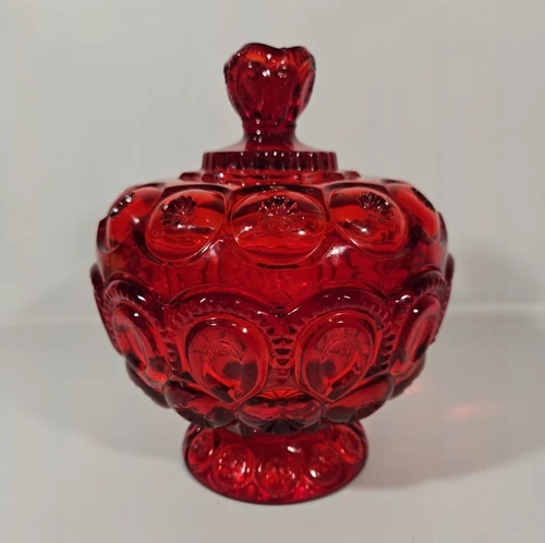 Vintage L.E. Smith Moon And Stars Red Footed Pedestal Compote Candy Dish 7”