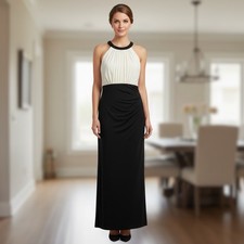 Lauren Ralph Lauren Beaded Halter Gown Black White w Ruched Side Size 18