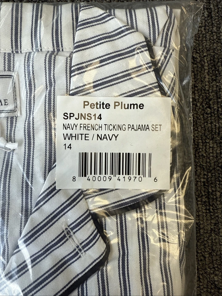 Petite Plume Kid's Twill Pajama Set in Navy French Ticking NWT MSRP $58 Sz 14 - Image 4 of 4