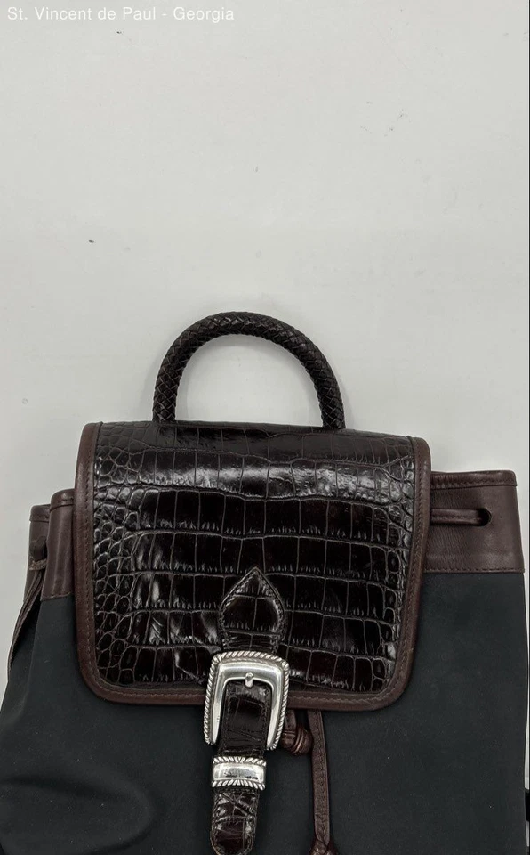 Mini Mochila Bolso de Mano Brighton Monica De Colección Cuero Negro/Marrón Cocodrilo Repujado Foto 2 de 4