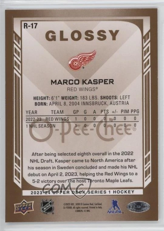 2023-24 Upper Deck Series 1 O-Pee-Chee Glossy Gold Marco Kasper #R-17 Rookie RC - Image 2 of 3