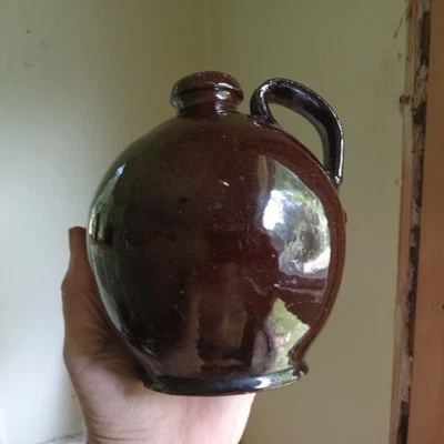 1820s EARLY REDWARE OVOID 6 1/2" HAND THROWN POTTERY JUG RIBBED STRAP HANDLE - Image 1 of 4