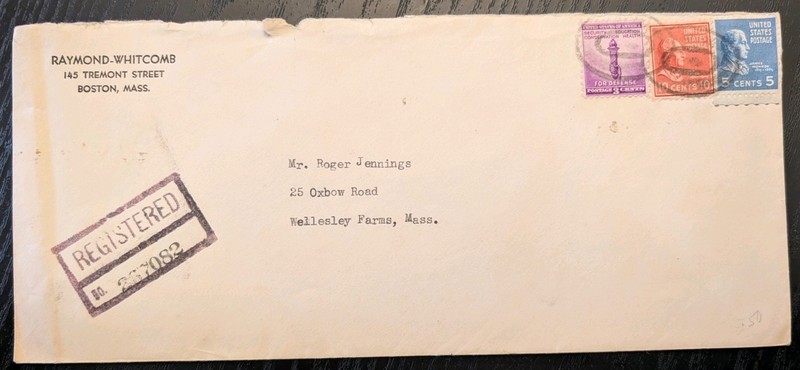 ++ USA 1942 REGISTERED COVER Boston to Wellesley Farms Massachusetts Envelope