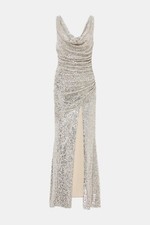  395 Aidan Mattox Stretch Sequin Sleeveless Cowl Neck Gown  Champagne Silver 10