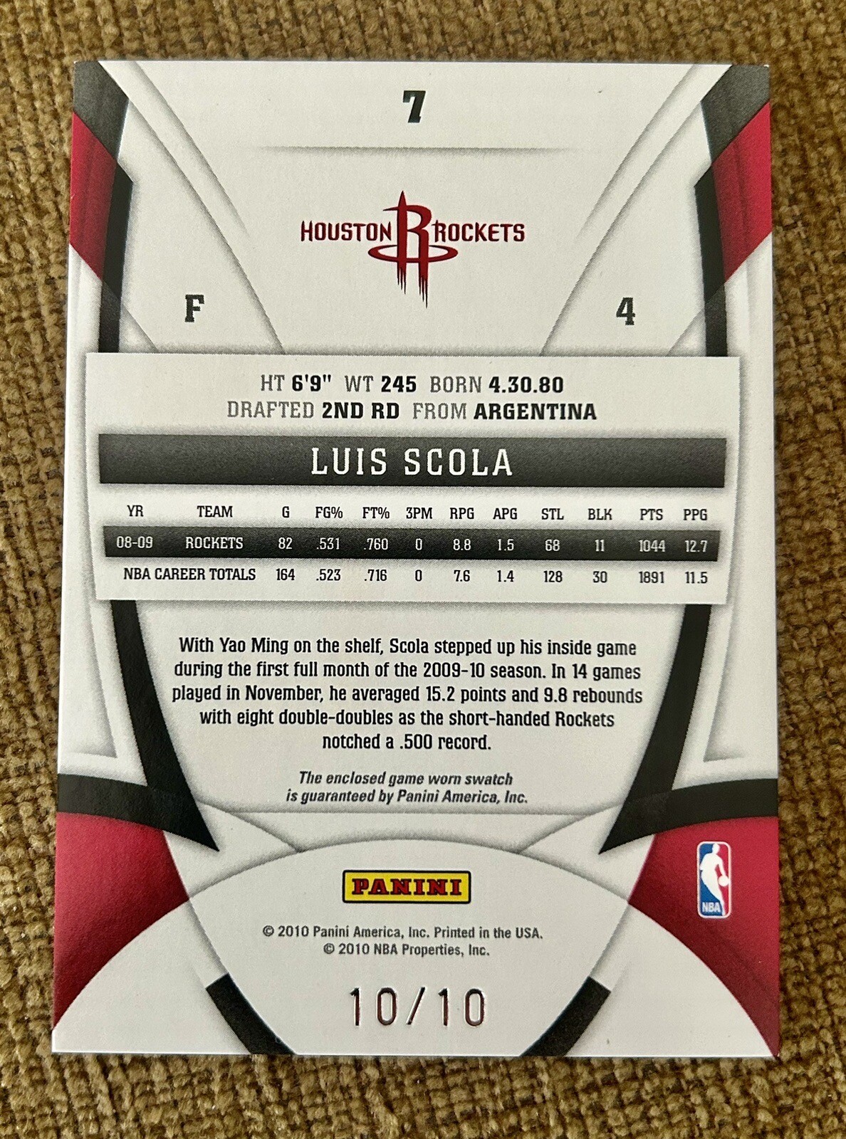 2009-10 Panini Certified Mirror Gold 10/10 Jersey Patch 3 CLR Luis Scola #7