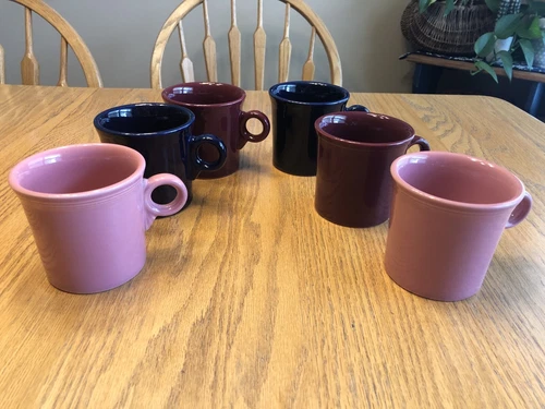 6 Homer Laughlin Fiestaware Mugs (2 Rose/2 Navy/2 Cranberry)