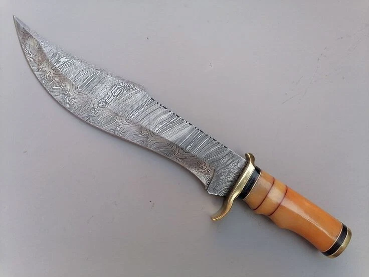 Damascus Knife | Handmade Hunting Steel Bowie Knife With Leather Sheath