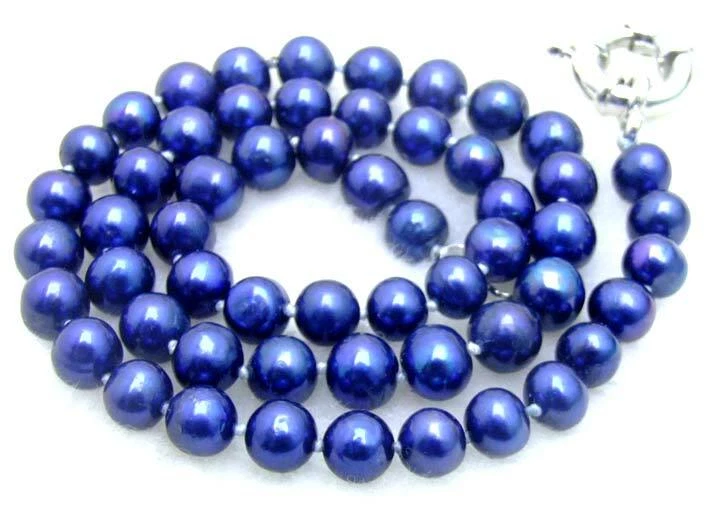 Gargantilhas femininas 7-8mm redondas naturais de água doce azul escuro colar de pérolas 17" - Imagem 4 de 4