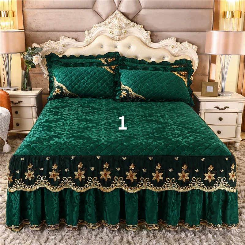 Colcha acolchada acolchada de terciopelo retro sábana floral con volantes falda de cama funda de cama Foto 2 de 4