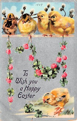 Antique Easter Card Fantasy Chicks Shabby Cottage Design Vtg Postcard D19