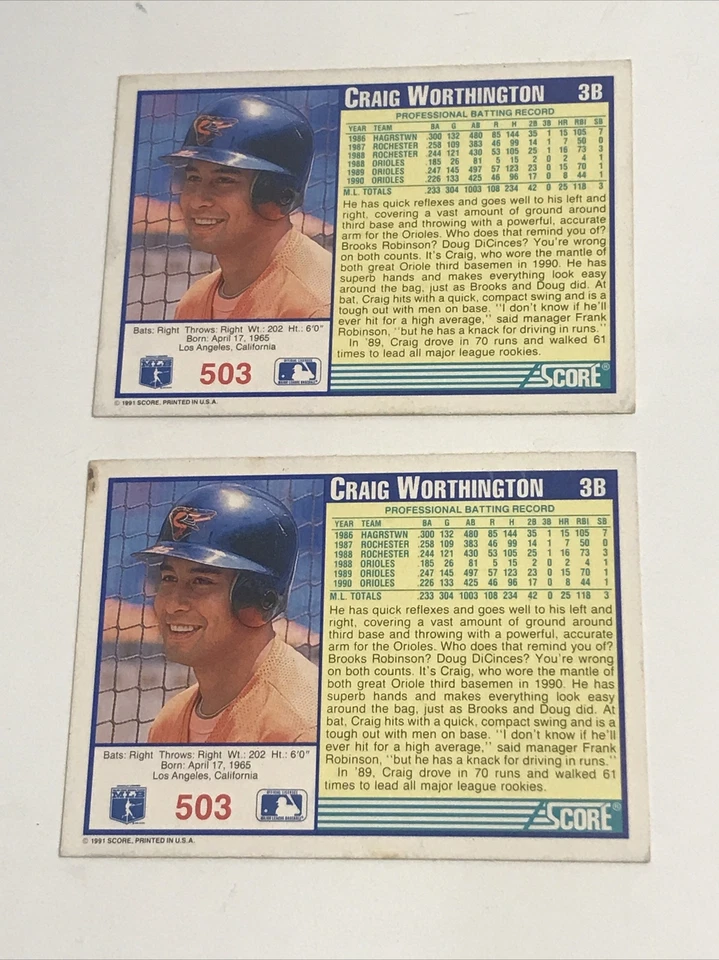 Craig Worthington Baseball Cards Orioles Score91 1167 - Image 2 of 4
