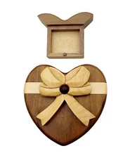 Folk Art Wood Heart With Bow Puzzle Compartment/Stash Box