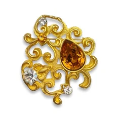 Vintage Art Nouveau Revival Matte Goldtone Glass Topaz Rhinestone Scroll Brooch