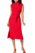 LB70 Women's Belted Knit Sleeveless Sweater Dress Ribbon Red