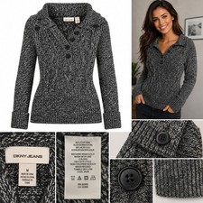DKNY Jeans Sweater Womens M Black White Marled Cable Knit Shawl Neck KCMUA926