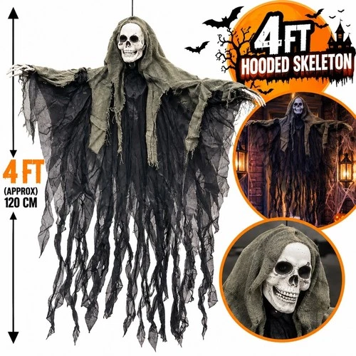 4FT Hanging Skeleton Ghost Halloween Decoration Scary Hooded Grim Reaper Prop