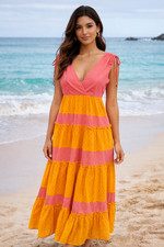 NWT LDT Coral Mango Eyelet Maxi Dress Sz 2 Cotton Boho Tiers Colorful MSRP $219