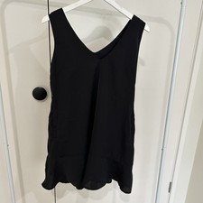 VTG Black Flowy Dress Size L - Ruffle Frill Hem, Waist Buttons, Pockets, V Neck