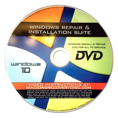 Recovery, Repair & Re-install disc compatible with MS Win 10 32/64 bit 