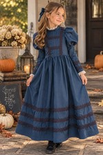 Girls Victorian Prairie Dress Costume Blue Lace Pioneer Colonial Halloween S