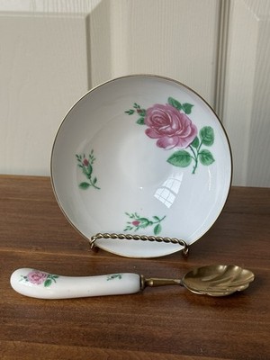 Antique Kalk Eisenberg Germany Porcelain Rose Bowl & Shell Spoon Set Gold K Mark