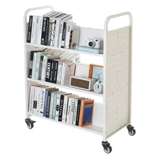 3-Tier Rolling Book Cart with Double Sided W-Shaped Shelves - Heavy Duty White B