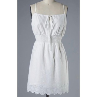 Emory Park White Eyelet Mini Dress Smocked Waist Scalloped Hem Size M Sundress