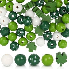160Pcs St. Patrick's Day Wooden Beads - Round  Clover Shapes, White, Light Gree