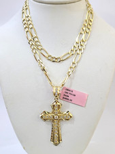14k Solid Figaro Chain Jesus Cross Pendant Gold 5mm 26" inch SET Necklace