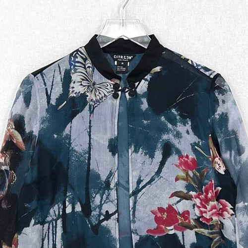 CITRON Santa Monica Silk Floral Jacket Womens Medium Blue Black Mandarin Collar - Picture 6 of 12