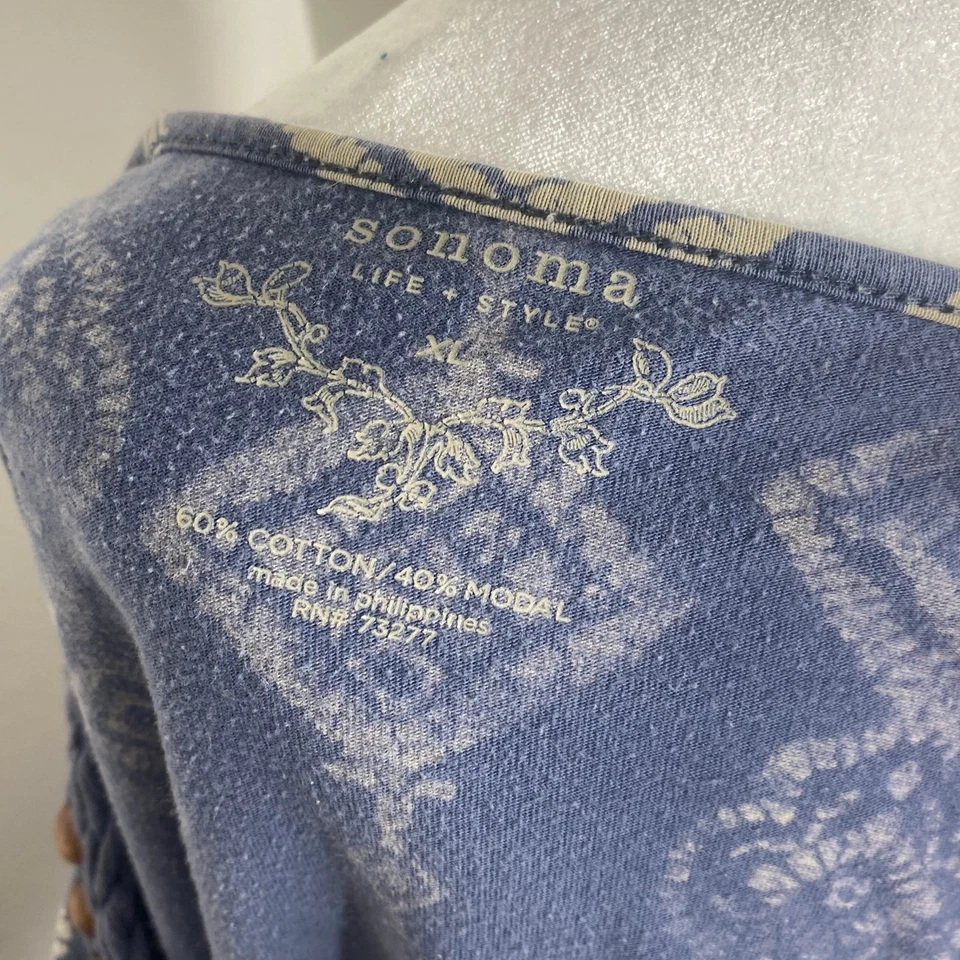 Top Boho Campesino Mujer XL Sonoma Azul Blanco Estampado Hombro Descubierto Festival Foto 3 de 4