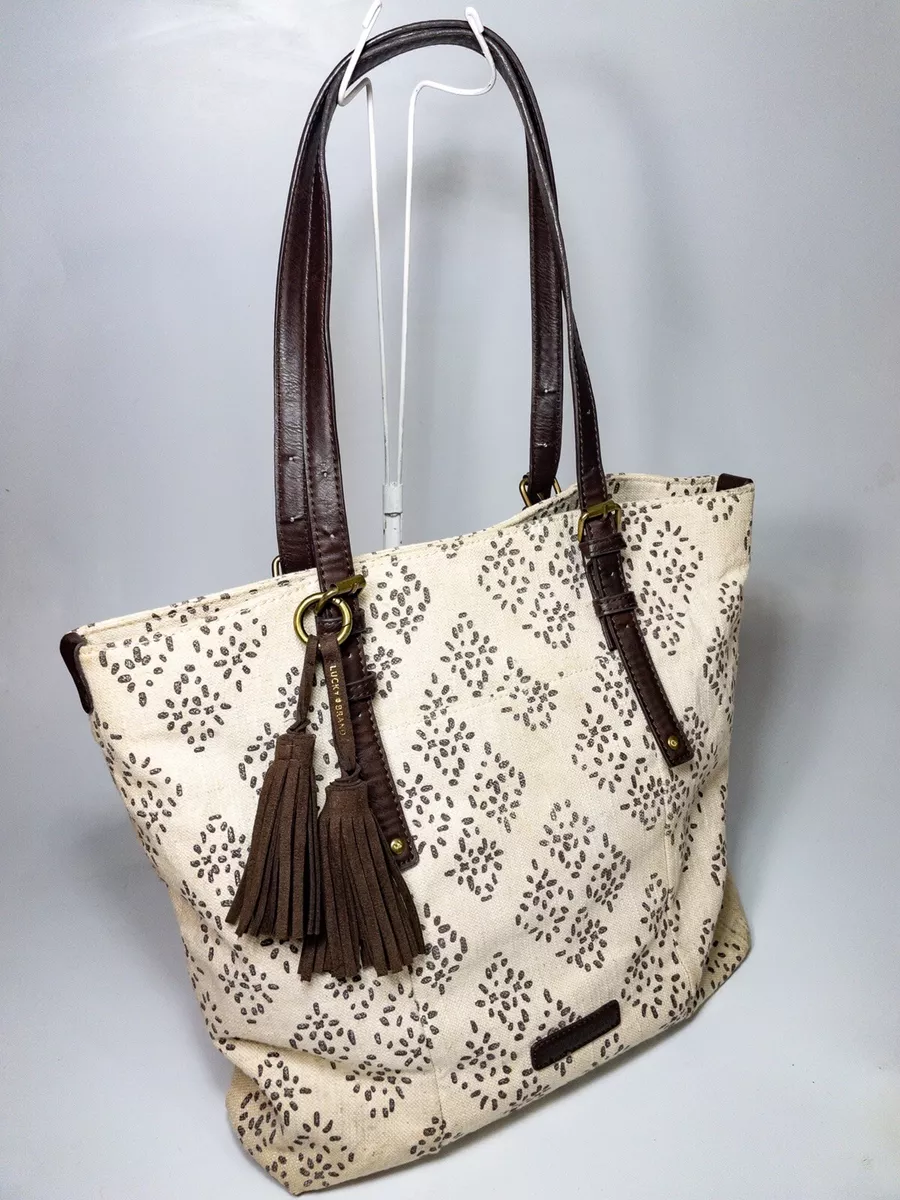 Lucky Brand Luna Natural Cotton Tassel Tote Bag Cream Chocolate Brown Boho