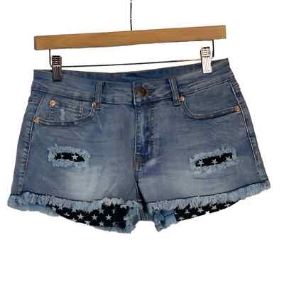 Distressed Cut Off Jean Shorts with Stars Print Hanging Pockets
