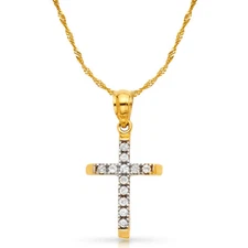 14K Yellow Gold CZ Cross Charm Pendant & 0.9mm Singapore Chain Necklace