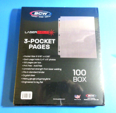 100 BCW LASERWELD 3-POCKET ALBUM PAGES FOR POSTCARDS, COVERS, PHOTOS, ETC. 