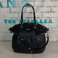 COACH Women's Black Leather Satchel Tote Bag Python Trim Ashley F23684