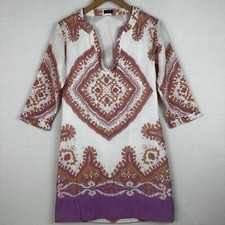 J Crew Size 0 Linen Shift Dress Womens Tunic Ivory Orchid Geometric Print