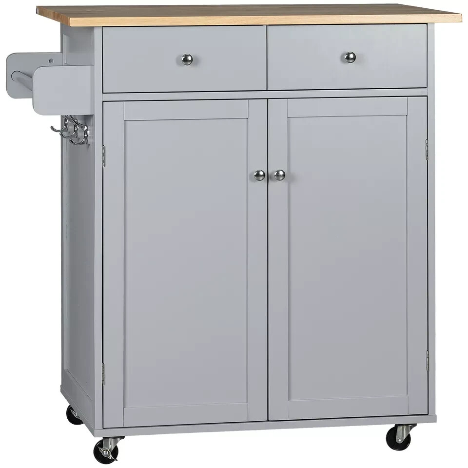 Homcom Grey Rolling Kitchen Island On Wheels, Utility Serving Cart With Rubber Wood Top, Towel Rack, Hooks And Storage Drawers, - Image 2