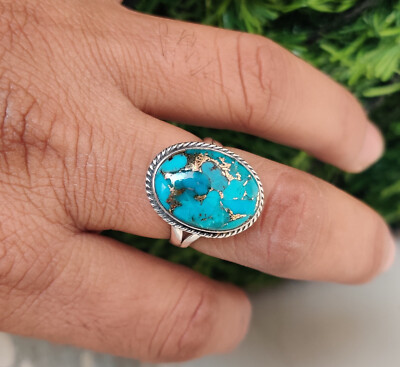 925Sterling Silver Natural Blue Cooper Gemstone Ring Handmade AllSize Ring RN100
