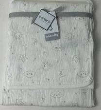 NWT Carters Sun Cloud Star White And Grey Muslin Swaddle Receiving Baby Blanket