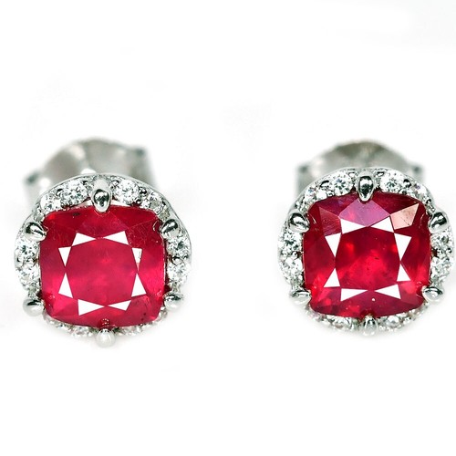 925 STERLING SILVER STUD EARRING GENUINE BLOOD RED RUBY & WHITE CZ GEMSTONE - Picture 5 of 8