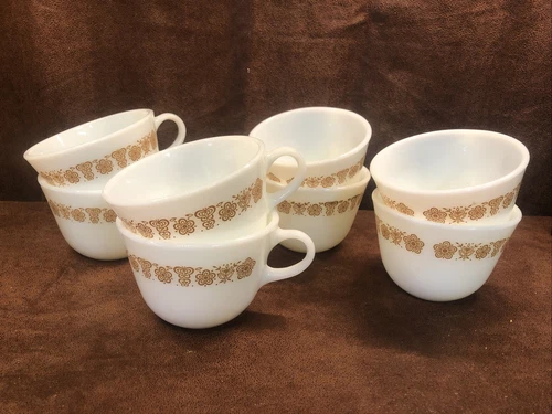 Set of 6 Vintage Pyrex Corelle Butterfly Gold C Handle Coffee Cups 