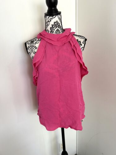 Entro Women’s Fuchsia Hot Pink High Neck Back Tie Ruffle Sleeveless Top Sz M NWT